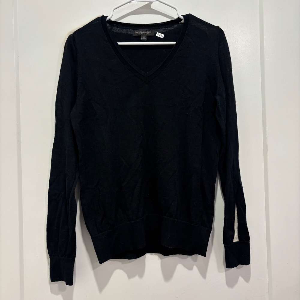 Banana Republic Womens Black 100% Merino Wool V-Neck Sweater Side Stripe M
